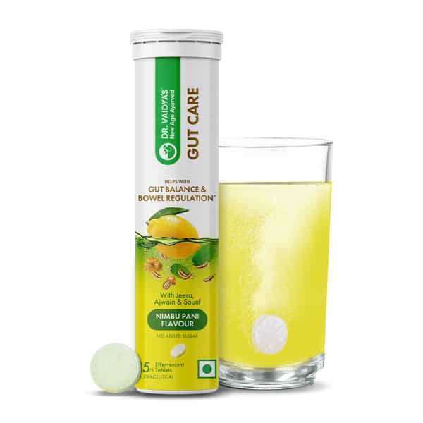 Dr. Vaidya's Gut Care Effervescent Tablets | Helps Gut Health | Nimbu Pani | 15N (Pack Of 4)