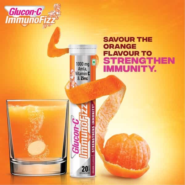 Glucon C Immunofizz Orange Flavor Effervescent Tablets With 1000Mg (Pack Of 4) 20 Tablets Per Bottle