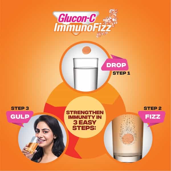 Glucon C Immunofizz Orange Flavor Effervescent Tablets With 1000Mg (Pack Of 4) 20 Tablets Per Bottle
