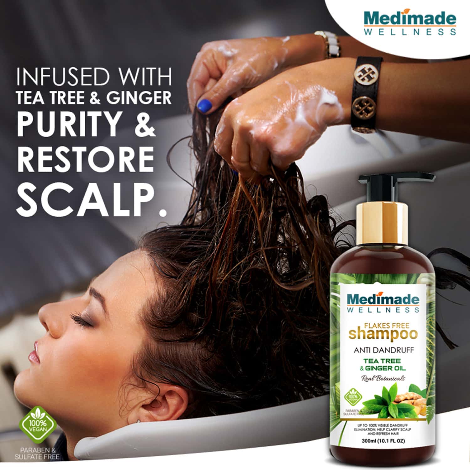 Buy MEDIMADE ANTI DANDRUFF SHAMPOO WITH TEA TREE AND GINGER OIL 300