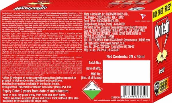 Mortein Insta Mosquito Killer Liquid Refill Of (45Ml*3) Buy 2 Get 1 Free Pack
