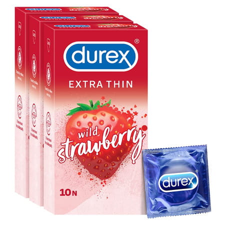 Durex Extra Thin Wild Strawberry Flavored 10 Condoms (Pack Of 3)