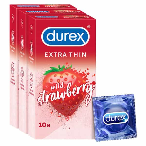 Durex Extra Thin Wild Strawberry Flavored 10 Condoms (Pack Of 3)