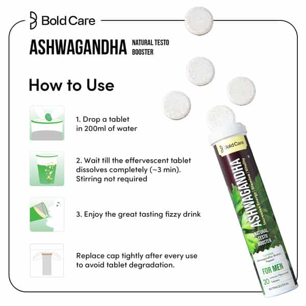Bold Care Ashwagandha Effervescent Tablets With Brahmi & Pepper|Boosts Energy & Stamina-20 Tablets