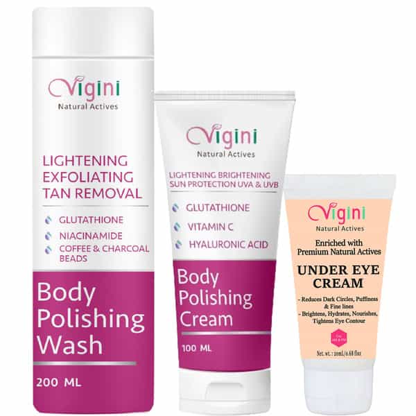 Vigini Under Eye + Skin Lightening Brightening Cream + Tan Removal Body Polishing Scrub Gel Wash 