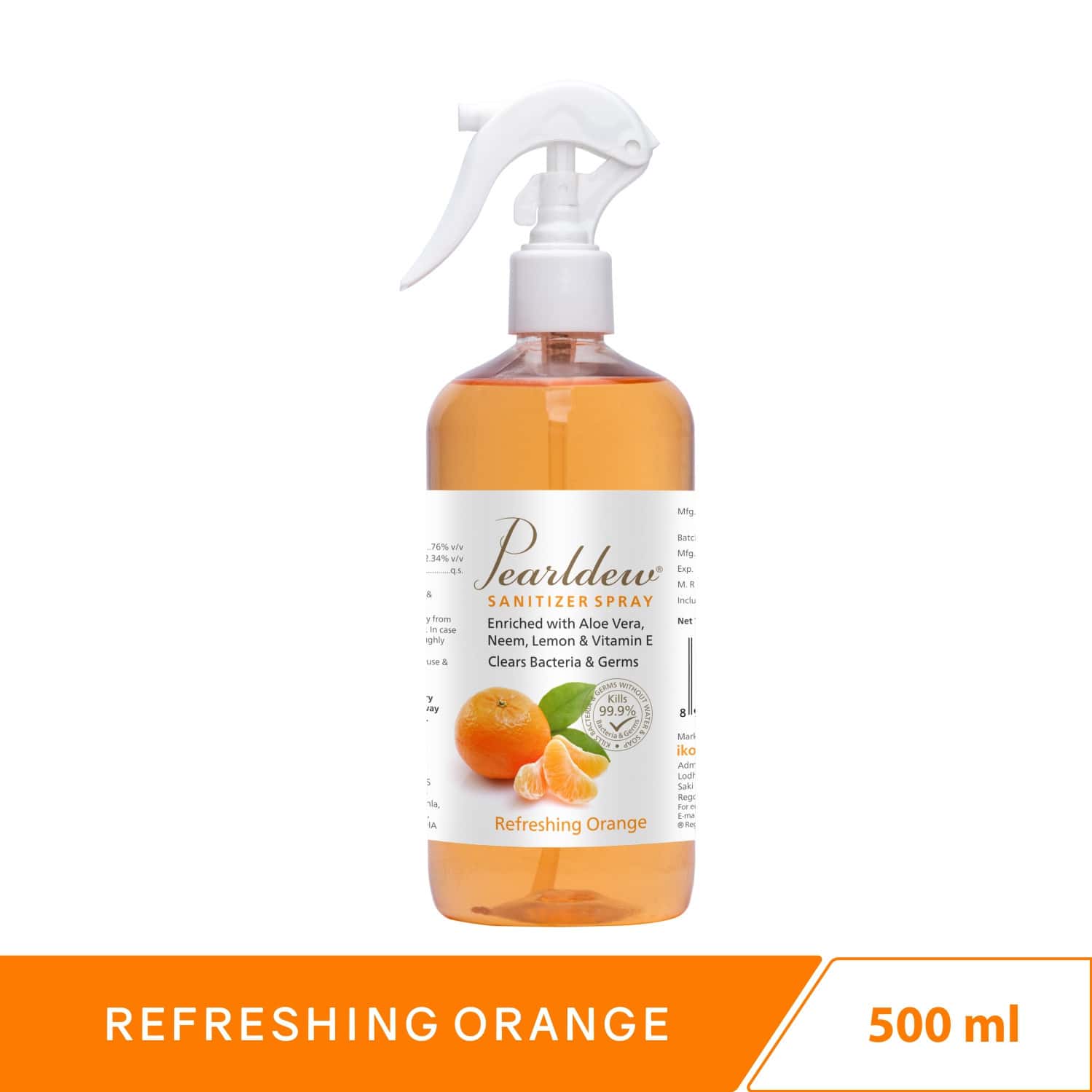 Pearldew Sanitizer Spray (orange) 500 Ml | Aloe & Neem | Paraben Free (pack Of 1)