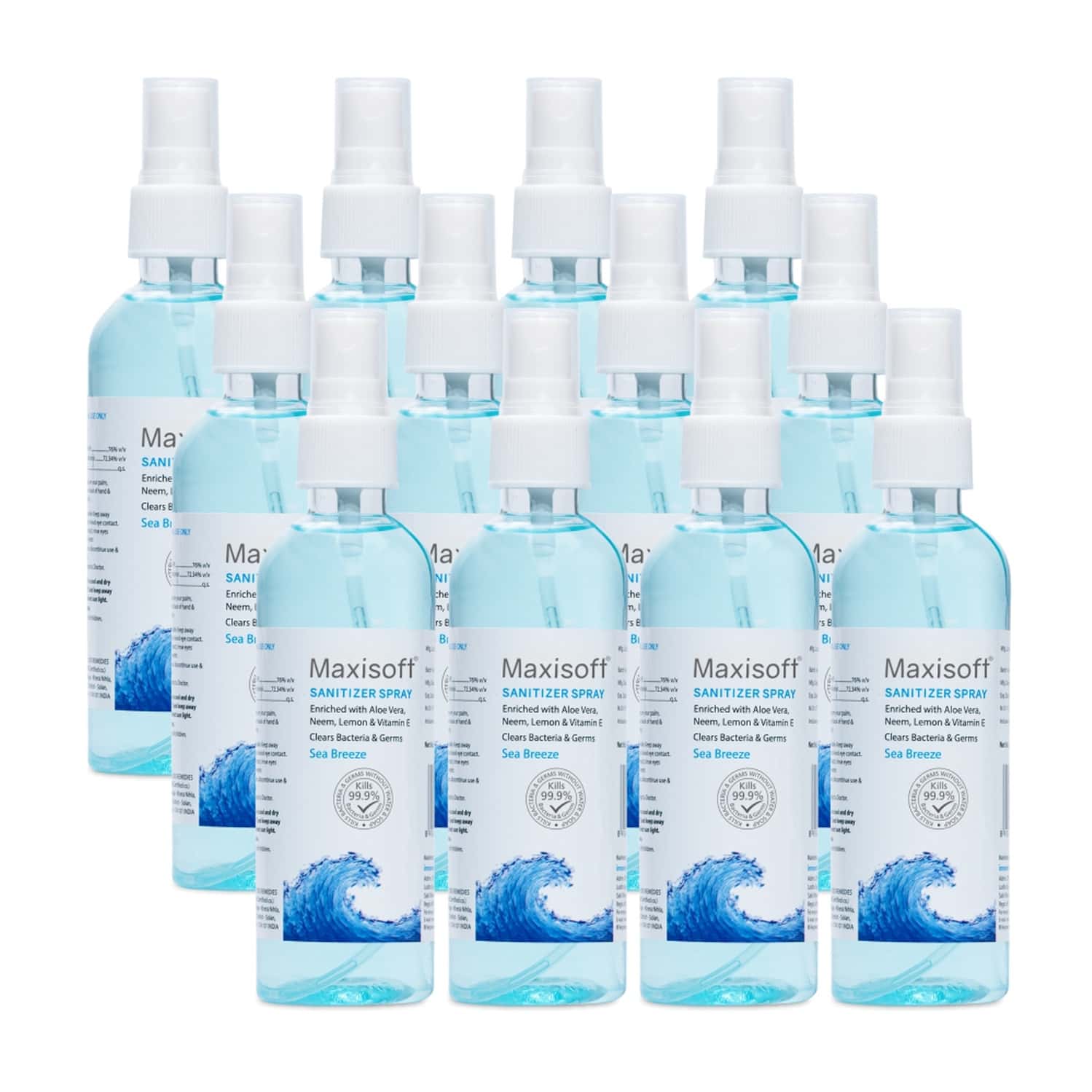 Maxisoft Sea Breeze Sanitizer Spray | Aloe Vera Neem & Vitamin E (120 Ml Pack Of 12)