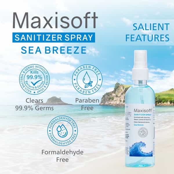Maxisoft Sea Breeze Sanitizer Spray | Aloe Vera Neem & Vitamin E (120 Ml Pack Of 12)