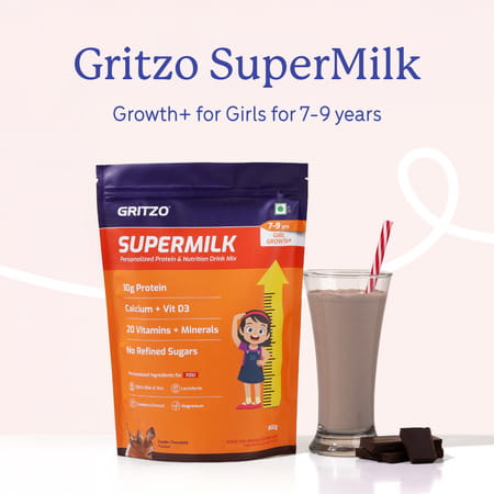 Gritzo Supermilk Growth+ (7-9y Girls) (Double Chocolate | 800g) With Super Gummies| Pack Of 2