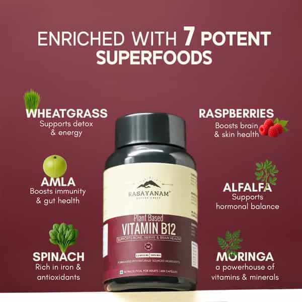 Rasayanam Plant-Based Vitamin B12 | Energy | Nerve & Brain Health | 60 Capsules (Pack Of 2)
