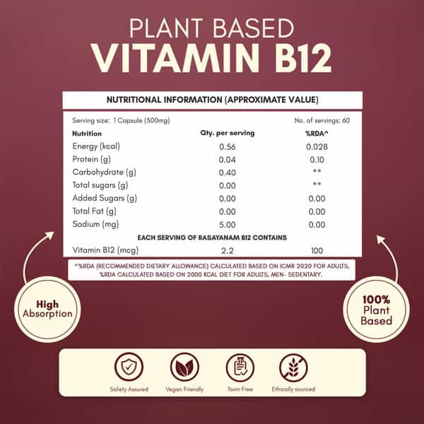 Rasayanam Plant-Based Vitamin B12 | Energy | Nerve & Brain Health | 60 Capsules (Pack Of 2)