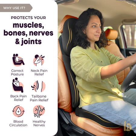 Betterhood Black Memory Foam Ergonomic Neck Support | Lumbar Back Supoprt And Seat Cushion Combo Car