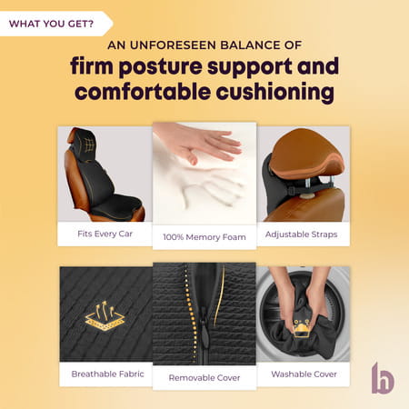 Betterhood Black Memory Foam Ergonomic Neck Support | Lumbar Back Supoprt And Seat Cushion Combo Car