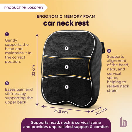 Betterhood Black Memory Foam Ergonomic Neck Support | Lumbar Back Supoprt And Seat Cushion Combo Car