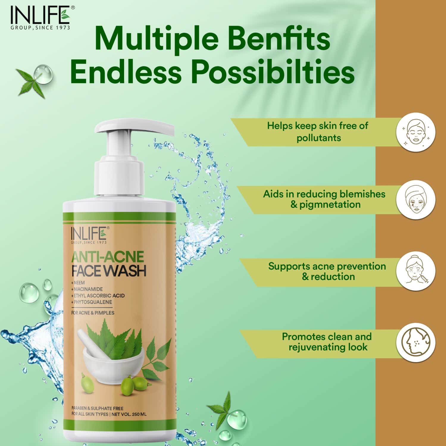Buy INLIFE ANTI ACNE FACE WASH WITH NEEM ,GLOWING SKIN ALL SKIN TYPES