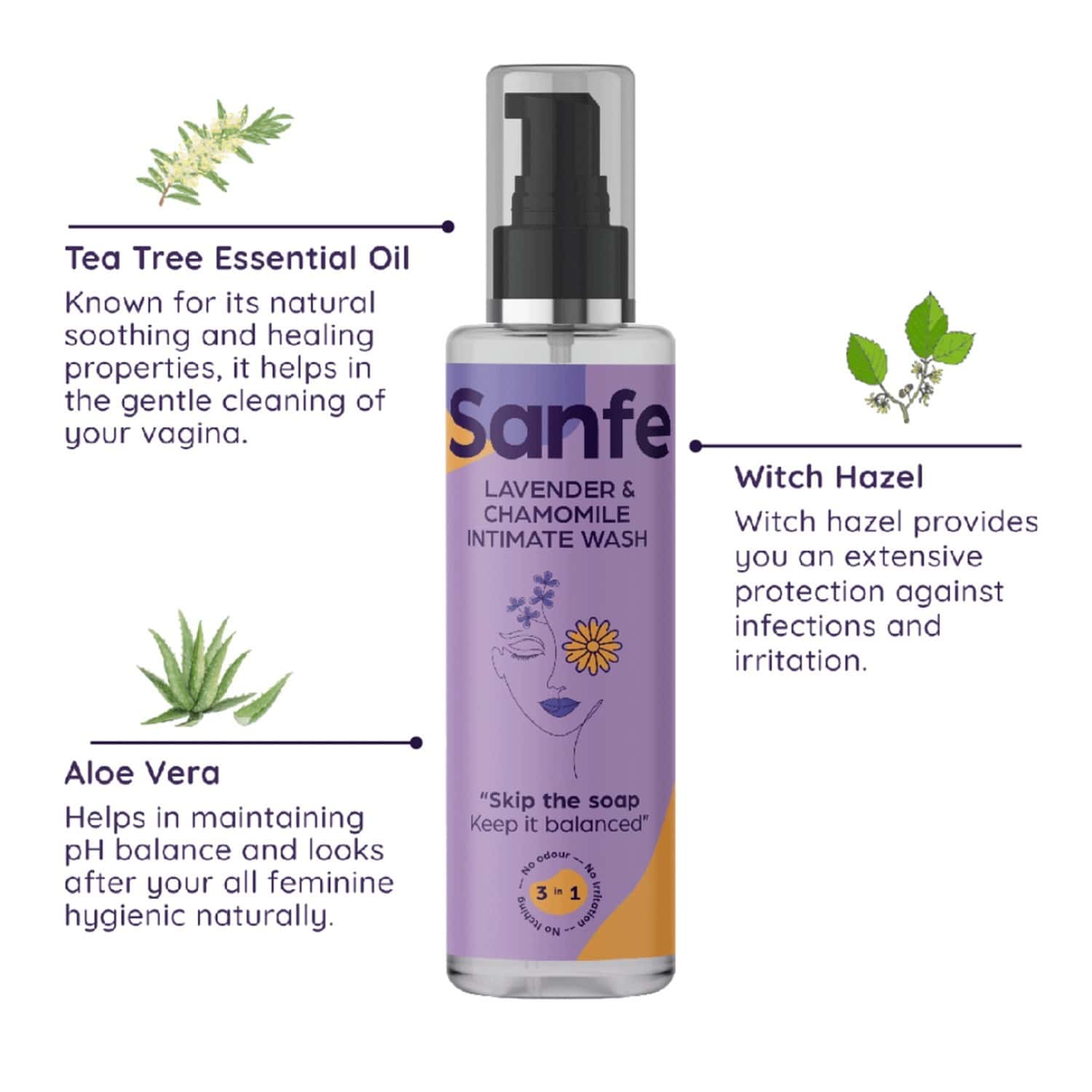 Buy SANFE NATURAL INTIMATE WASH, 3 IN 1 LAVENDER & CHAMOMILE (100ML