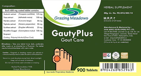 Grazing Meadows Gauty Plus 900 Tablets Natural Supplement For Gaut Care Uric Acid Support Pack Of5