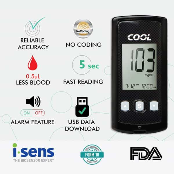 I-Sens Cool Glucometer 10 Blood Sugar Test Strips Glucometer (Black)