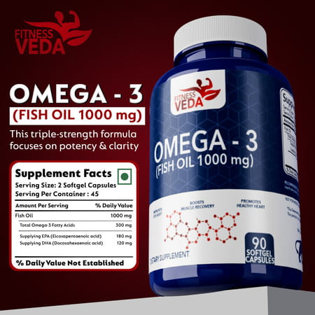 Fitness Veda Omega 3 Fish Oil 1000 Mg Capsules | Omega3 Fatty Acid Capsules - 60 Softgels