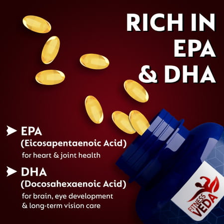 Fitness Veda Omega 3 Fish Oil 1000 Mg Capsules | Omega3 Fatty Acid Capsules - 60 Softgels