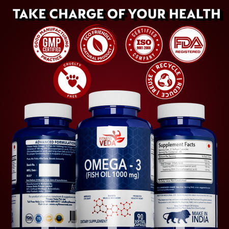 Fitness Veda Omega 3 Fish Oil 1000 Mg Capsules | Omega3 Fatty Acid Capsules - 60 Softgels