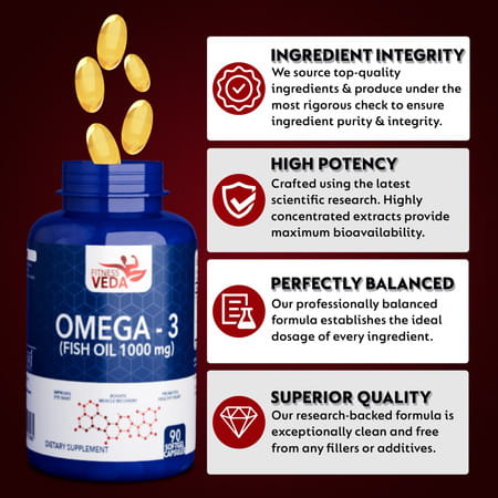Fitness Veda Omega 3 Fish Oil 1000 Mg Capsules | Omega3 Fatty Acid Capsules - 60 Softgels