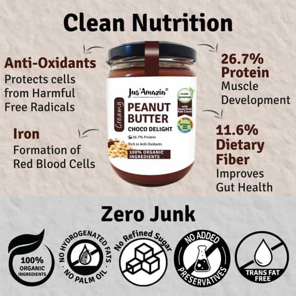 Jus Amazin Creamy Organic Peanut Butter -Choco Delight -500G|Clean Nutrition|82% Organic Peanuts