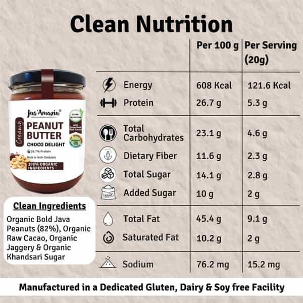 Jus Amazin Creamy Organic Peanut Butter -Choco Delight -500G|Clean Nutrition|82% Organic Peanuts