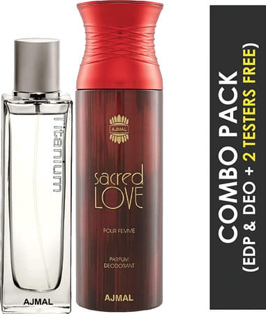 Ajmal Titanium Eau De Parfum 100ml Perfume For Men And Sacred Love Deodorant 200ml For Women