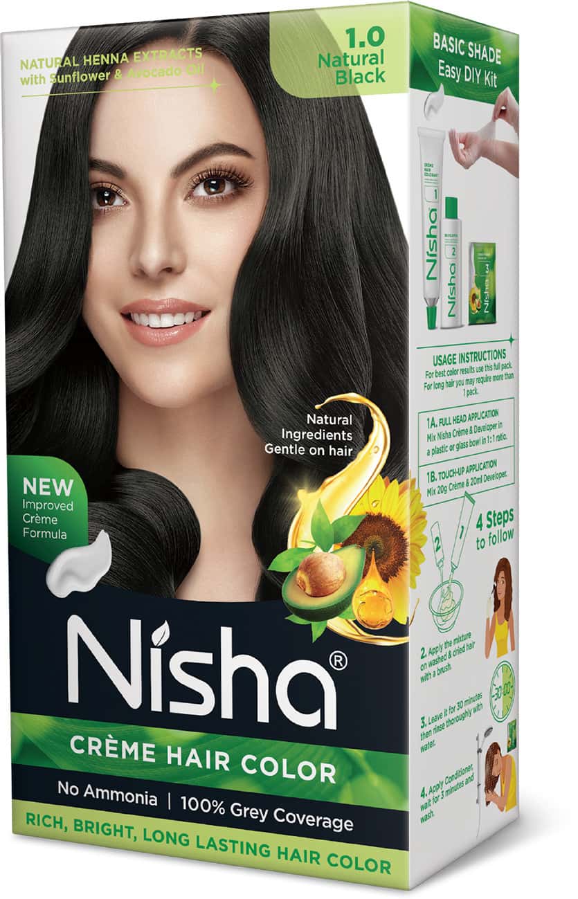 Nisha Creme Hair Color 1.0 Natural Black (60gm+60ml+18ml) Ammonia Free Permanent Hair Colour