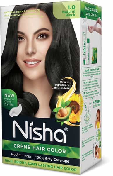 Nisha Creme Hair Color 1.0 Natural Black (60Gm+60Ml+18Ml) Ammonia Free Permanent Hair Colour