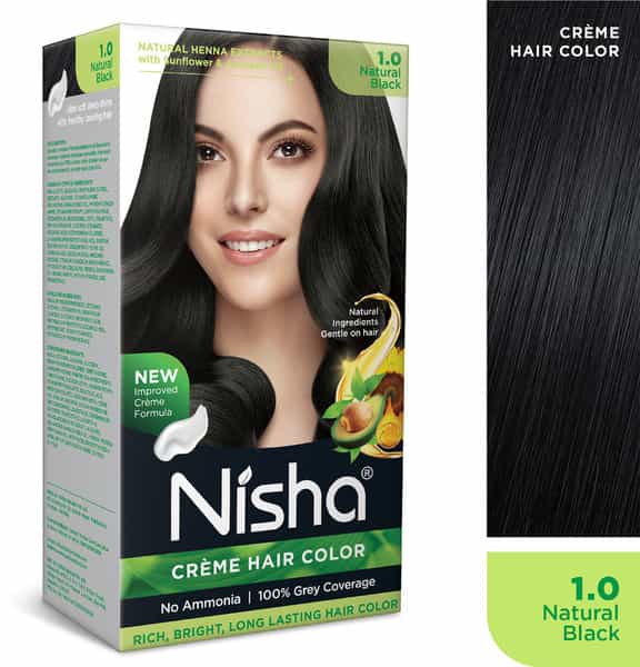 Nisha Creme Hair Color 1.0 Natural Black (60Gm+60Ml+18Ml) Ammonia Free Permanent Hair Colour