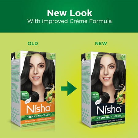 Nisha Creme Hair Color 1.0 Natural Black (60gm+60ml+18ml) Ammonia Free Permanent Hair Colour