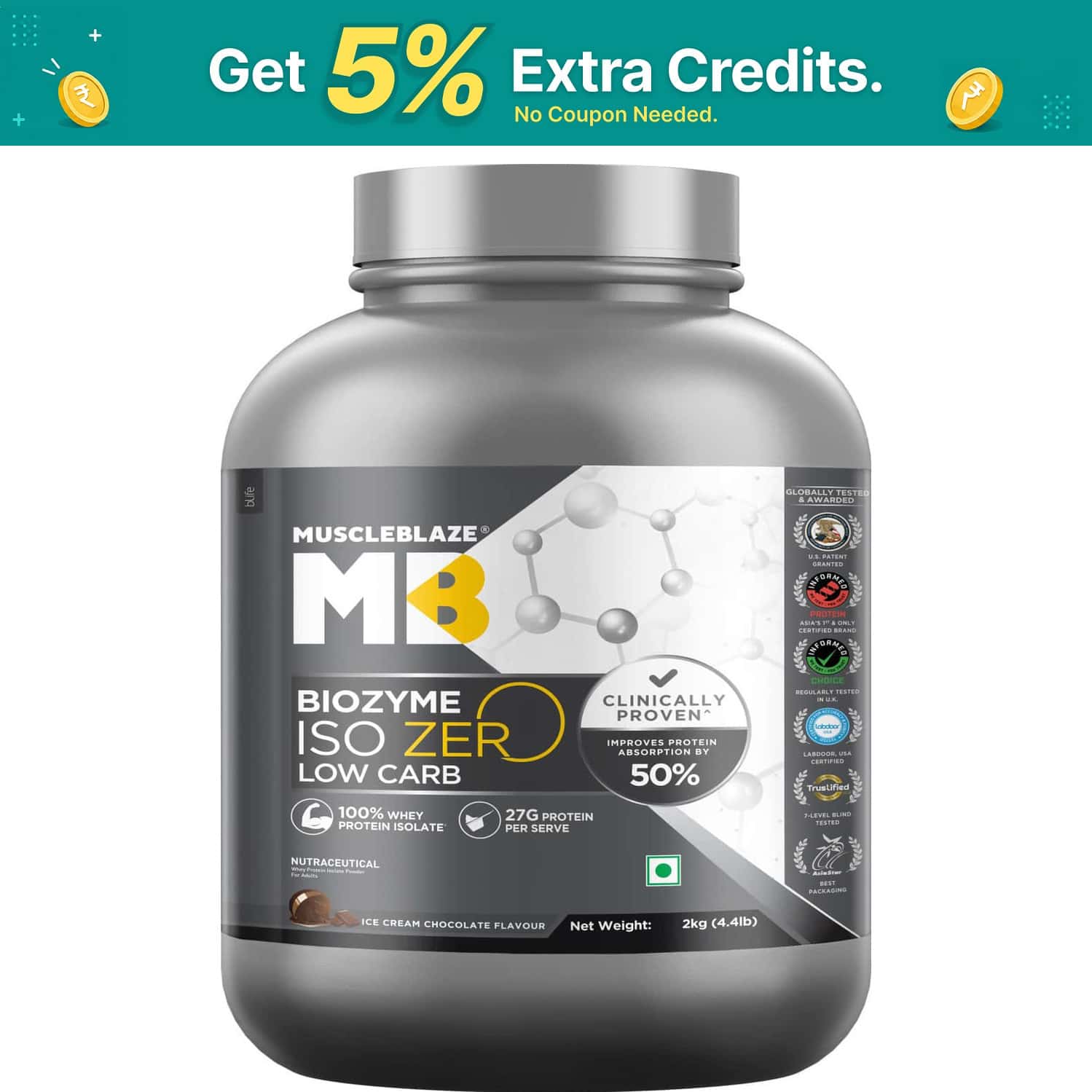 Muscleblaze Biozyme Iso-Zero | Low Carb Whey Protein Isolate Powder | Ice Cream Chocolate | 2kg