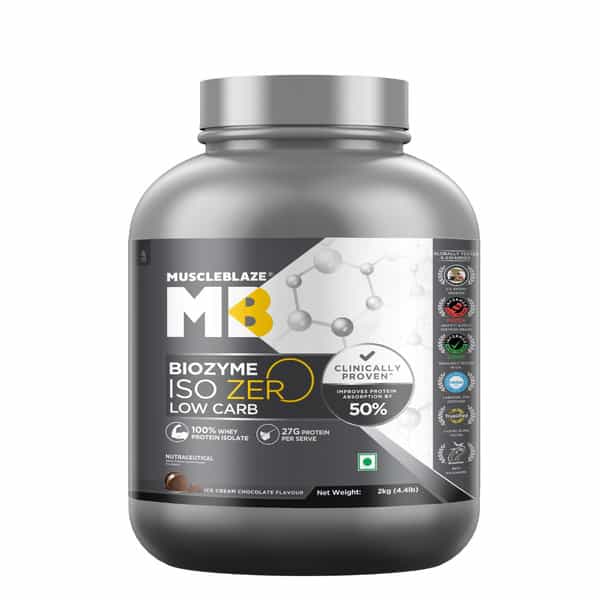 Muscleblaze Biozyme Iso-Zero | Low Carb Whey Protein Isolate Powder | Ice Cream Chocolate | 2Kg