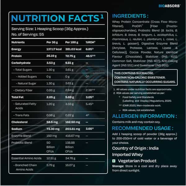 Nutrabay Bioabsorb Whey Protein Powder | Prodifi Blend | 26G Per Scoop | Milk Chocolate - 2Kg