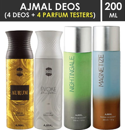 Ajmal 1 Aurum 1 Evoke Silver Edition For Him 1 Nightingale And 1 Distraction Deodorants Pack Of 4