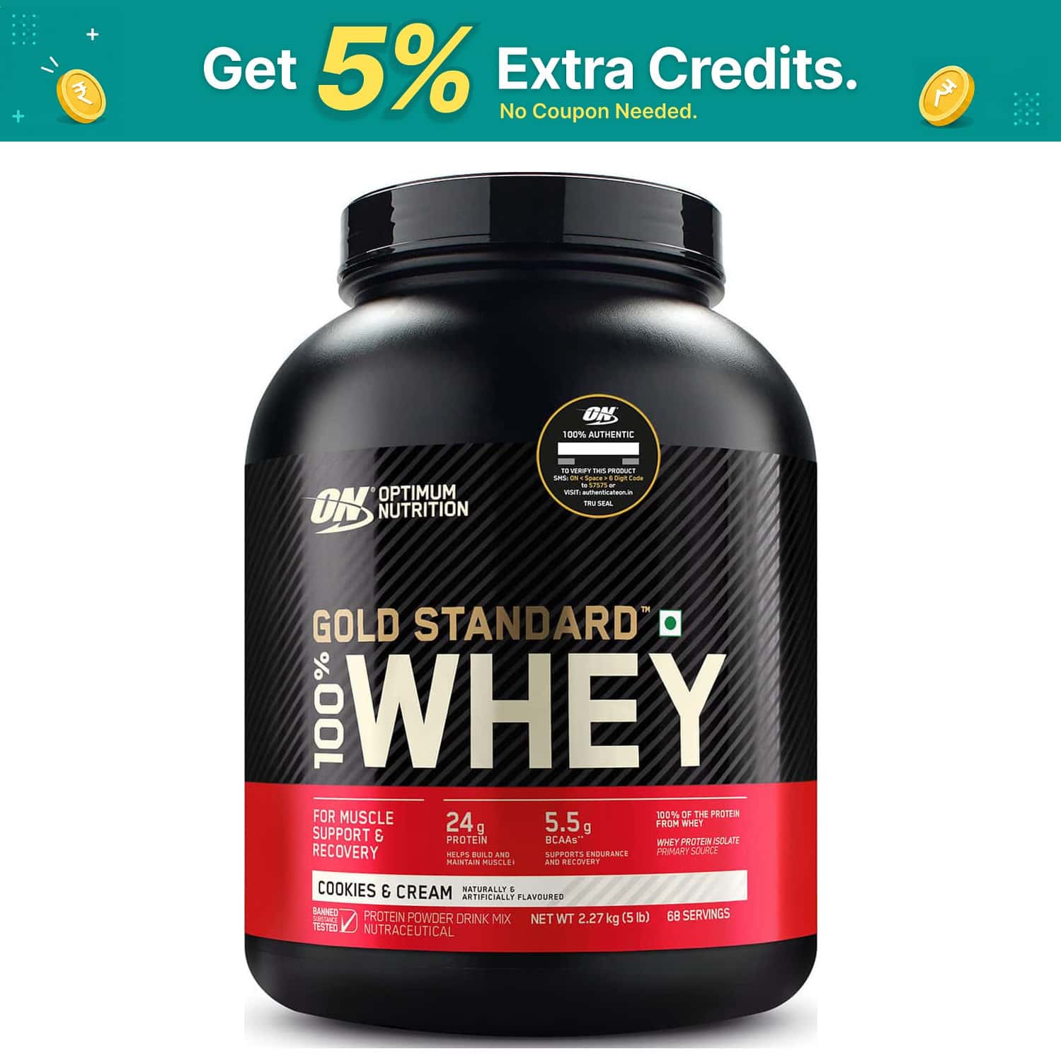 Optimum Nutrition (On) Gold Standard 100% Whey Protein Cookies & Cream Flavour 5 Lbs, 2.27 Kg Powder