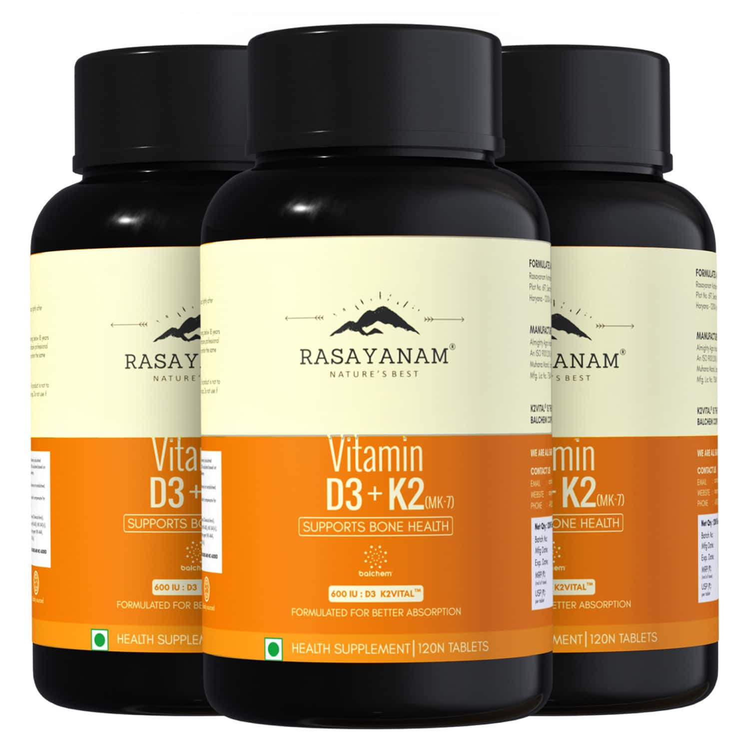 Rasayanam D3+k2 Mk-7 Vegan | Balchem K2 | Calcium | Bone & Heart Support | 120 Tablets (pack Of 3)