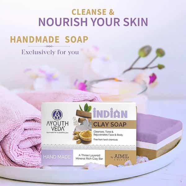 Ayouthveda Indian Clay Soap | Three-Layered Mineral-Rich Handmade Bar With Multani Mitti 100 Gm