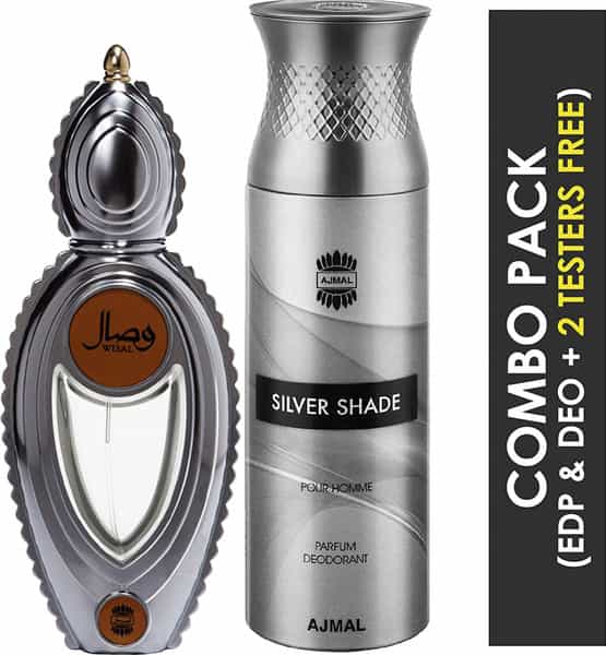Ajmal Wisal Eau De Parfum 50Ml Perfume For Women And Silver Shade Homme Deodorant 200Ml For Men