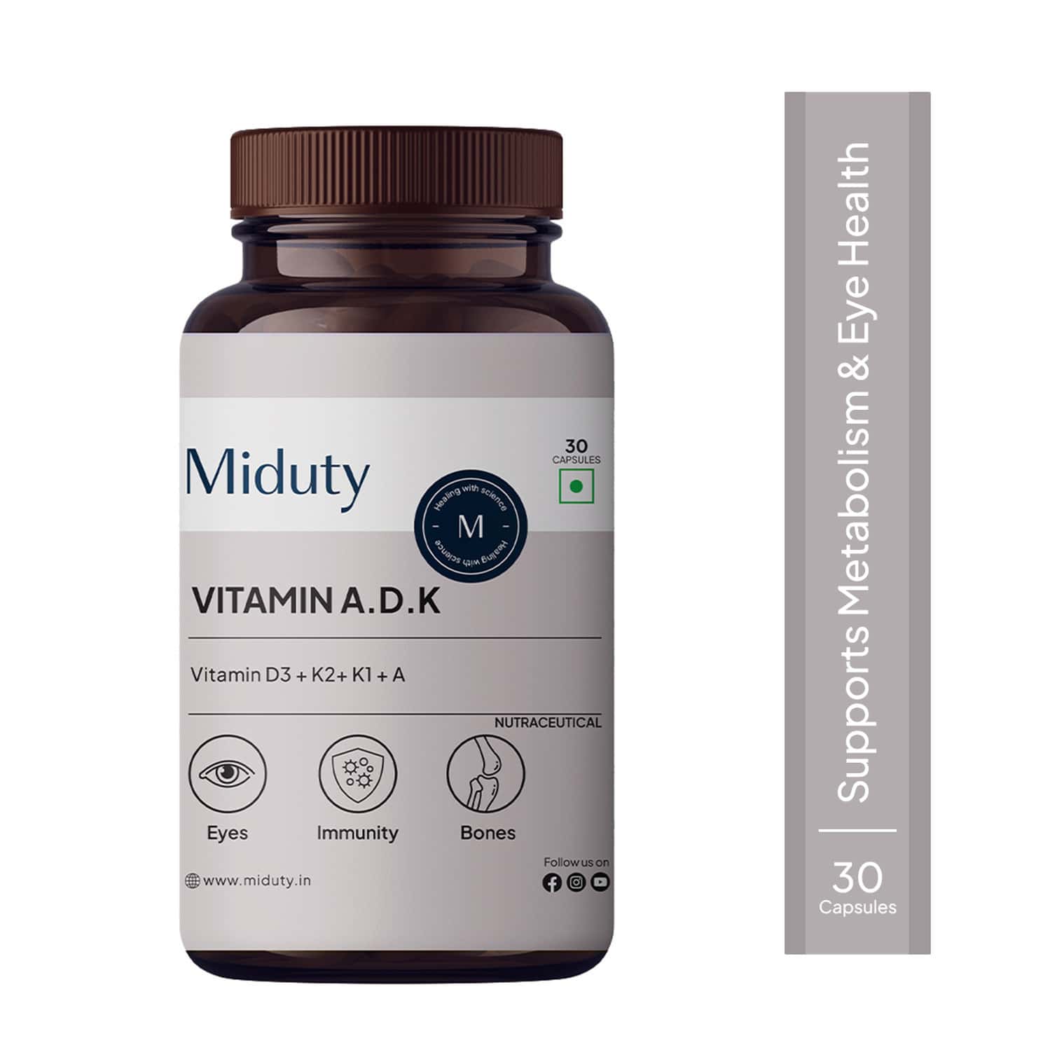 Miduty Vitamin Adk - A D3 K2 - Eyes | Immunity | Weak Bones | Arthritis - Fat Soluble - 30 Capsules
