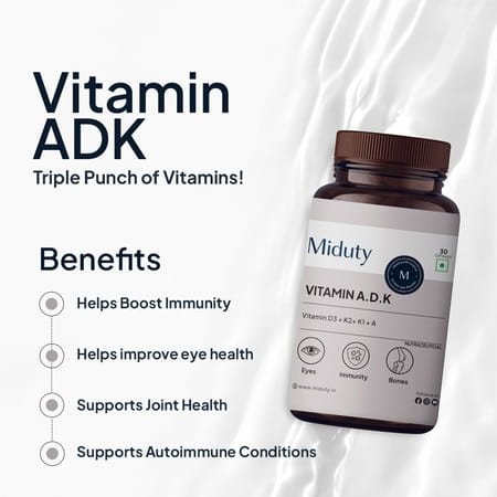 Miduty Vitamin Adk - A D3 K2 - Eyes | Immunity | Weak Bones | Arthritis - Fat Soluble - 30 Capsules