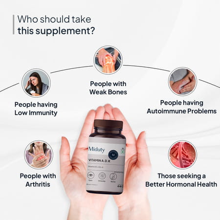 Miduty Vitamin Adk - A D3 K2 - Eyes | Immunity | Weak Bones | Arthritis - Fat Soluble - 30 Capsules