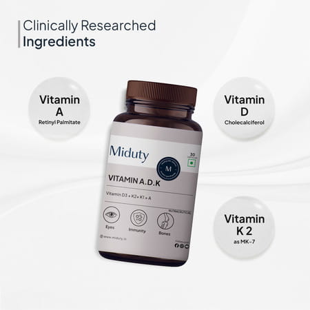 Miduty Vitamin Adk - A D3 K2 - Eyes | Immunity | Weak Bones | Arthritis - Fat Soluble - 30 Capsules