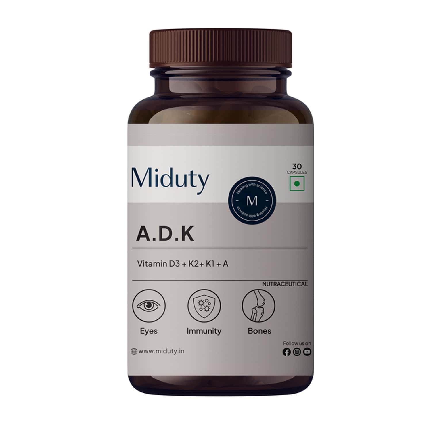 Miduty Vitamin Adk - A D3 K2 - Eyes | Immunity | Weak Bones | Arthritis - Fat Soluble - 30 Capsules