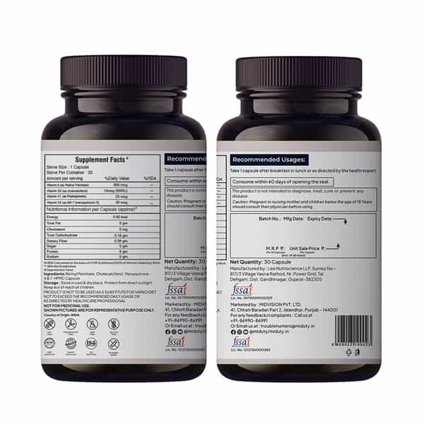 Miduty Vitamin Adk - A D3 K2 - Eyes | Immunity | Weak Bones | Arthritis - Fat Soluble - 30 Capsules