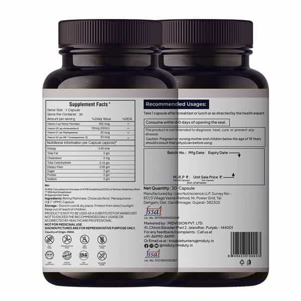 Miduty Vitamin Adk - A D3 K2 - Eyes | Immunity | Weak Bones | Arthritis - Fat Soluble - 30 Capsules