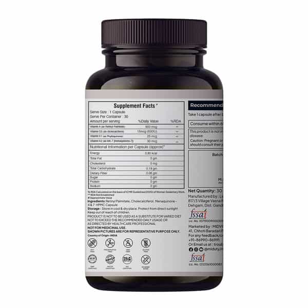 Miduty Vitamin Adk - A D3 K2 - Eyes | Immunity | Weak Bones | Arthritis - Fat Soluble - 30 Capsules