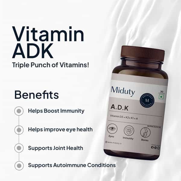 Miduty Vitamin Adk - A D3 K2 - Eyes | Immunity | Weak Bones | Arthritis - Fat Soluble - 30 Capsules